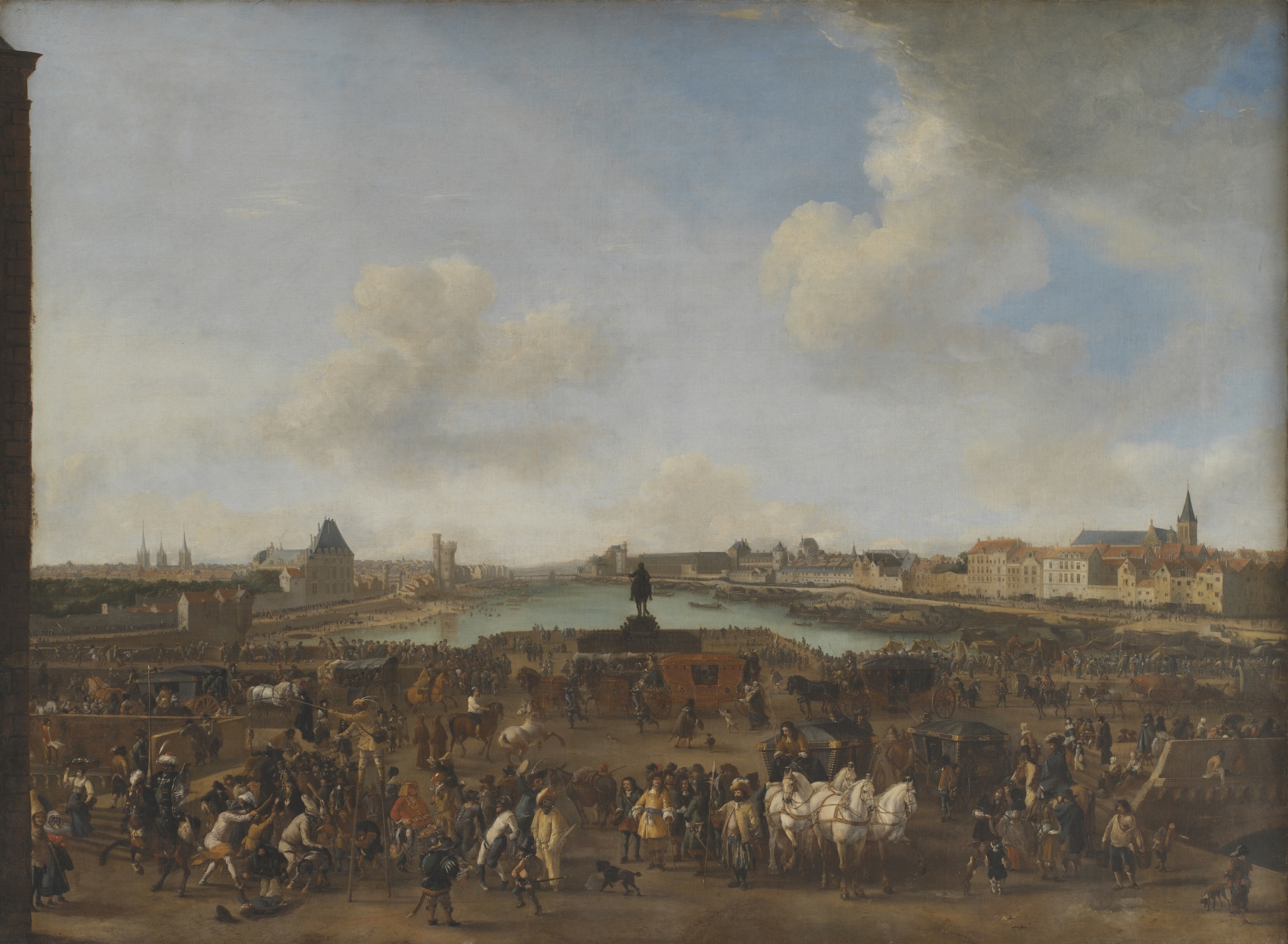 View of Paris with river and buildings, oil on canvas by Philips Wouwerman