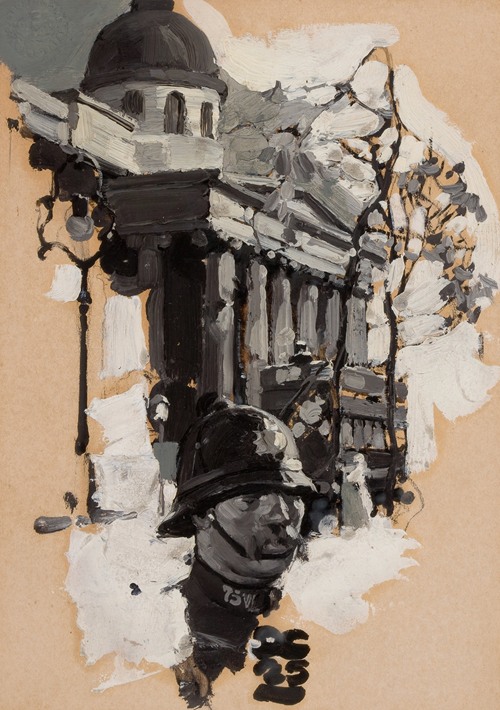 A policeman stands in front of a parliamentary building, showcasing a blend of urban life and governance.