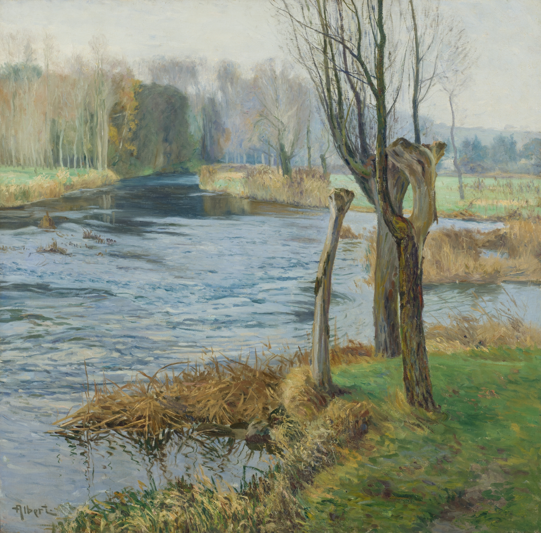 French Landscape with Watercourse by Gustave Albert, oil painting depicting a serene river and lush nature.