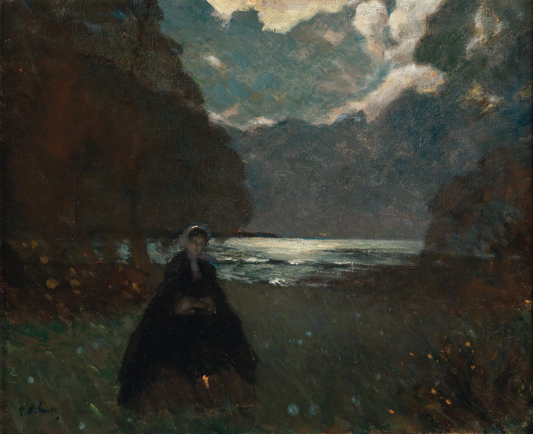 Evening on a Lake by Peter Alexandrovitch Nilouss, oil painting depicting a serene lake at dusk.