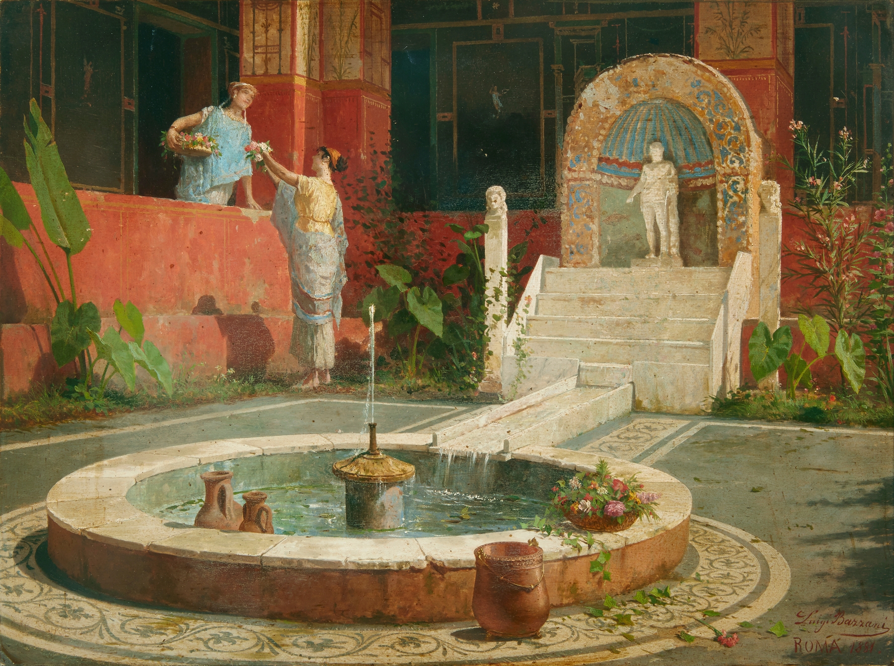 Interior scene featuring maidens in a Roman atrium, oil painting by Luigi Bazzani
