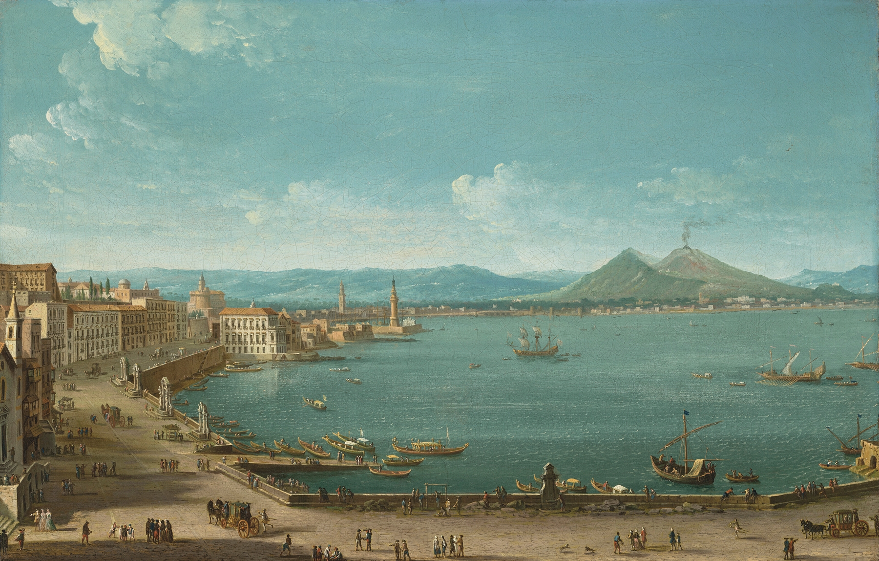 Rococo oil painting by Antonio Joli depicting fishermen in Naples with Vesuvius.