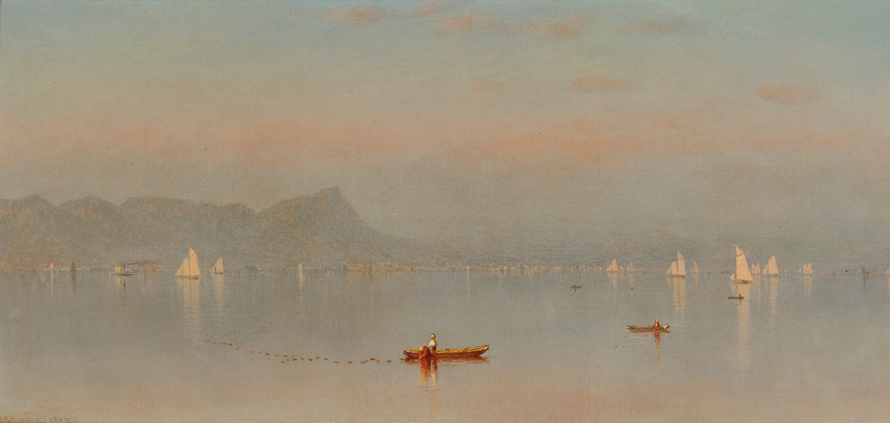 Haverstraw Bay oil painting by Sanford Robinson Gifford depicting a tranquil river scene