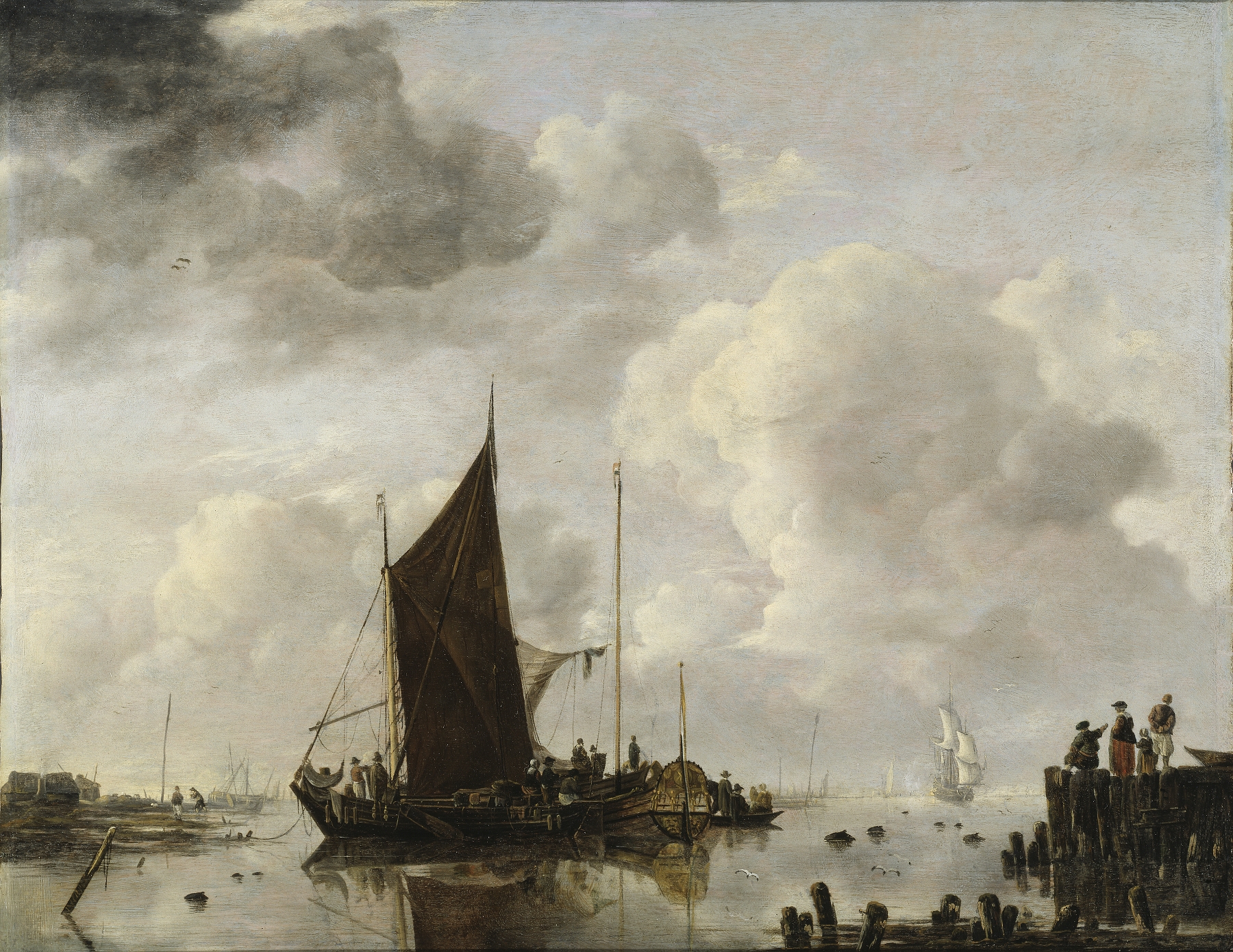 Harbour scene with ships and reflections in water, oil on canvas by Jan van de Cappelle