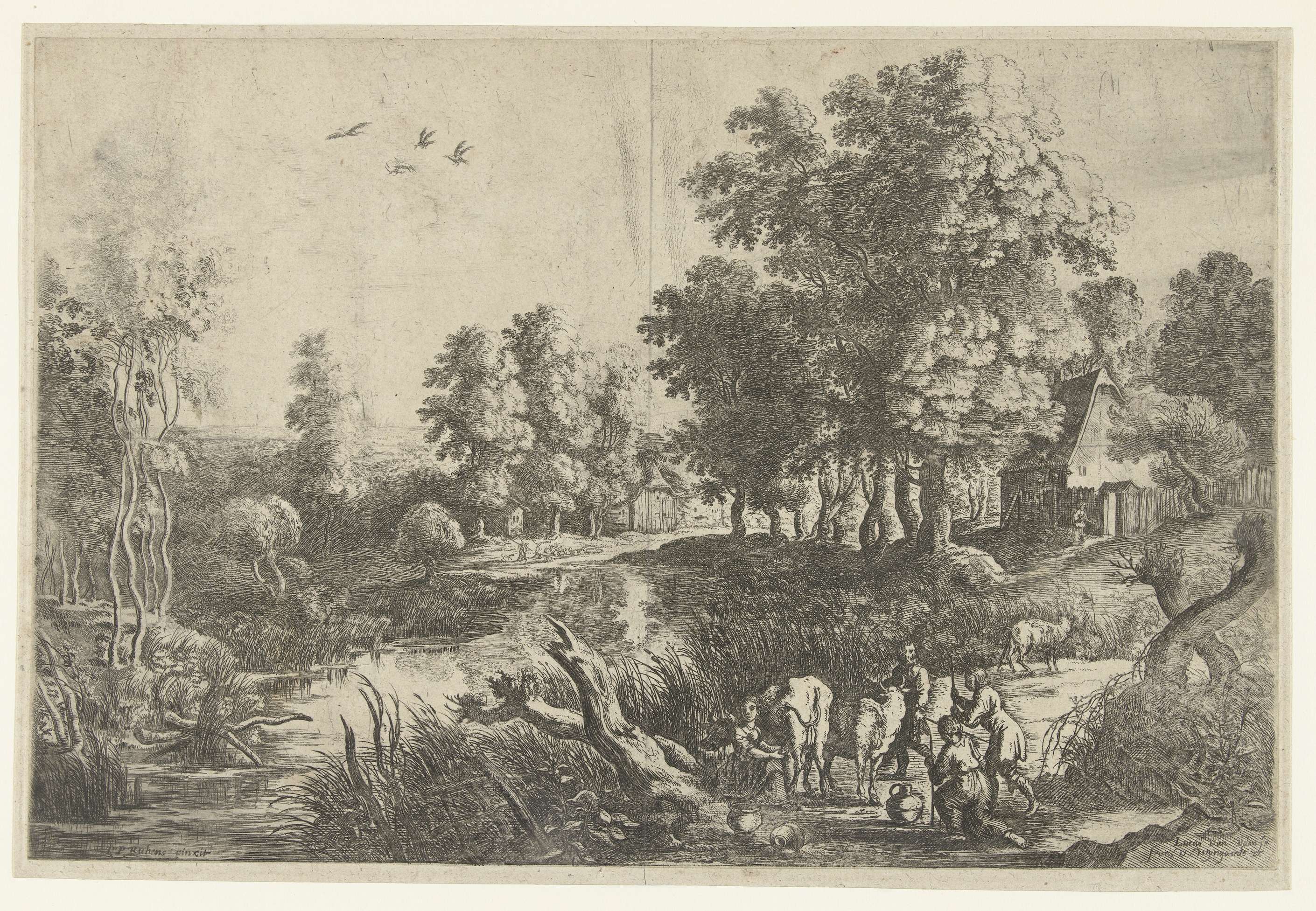 Farmers with cattle by a brook, etching by Lucas van Uden