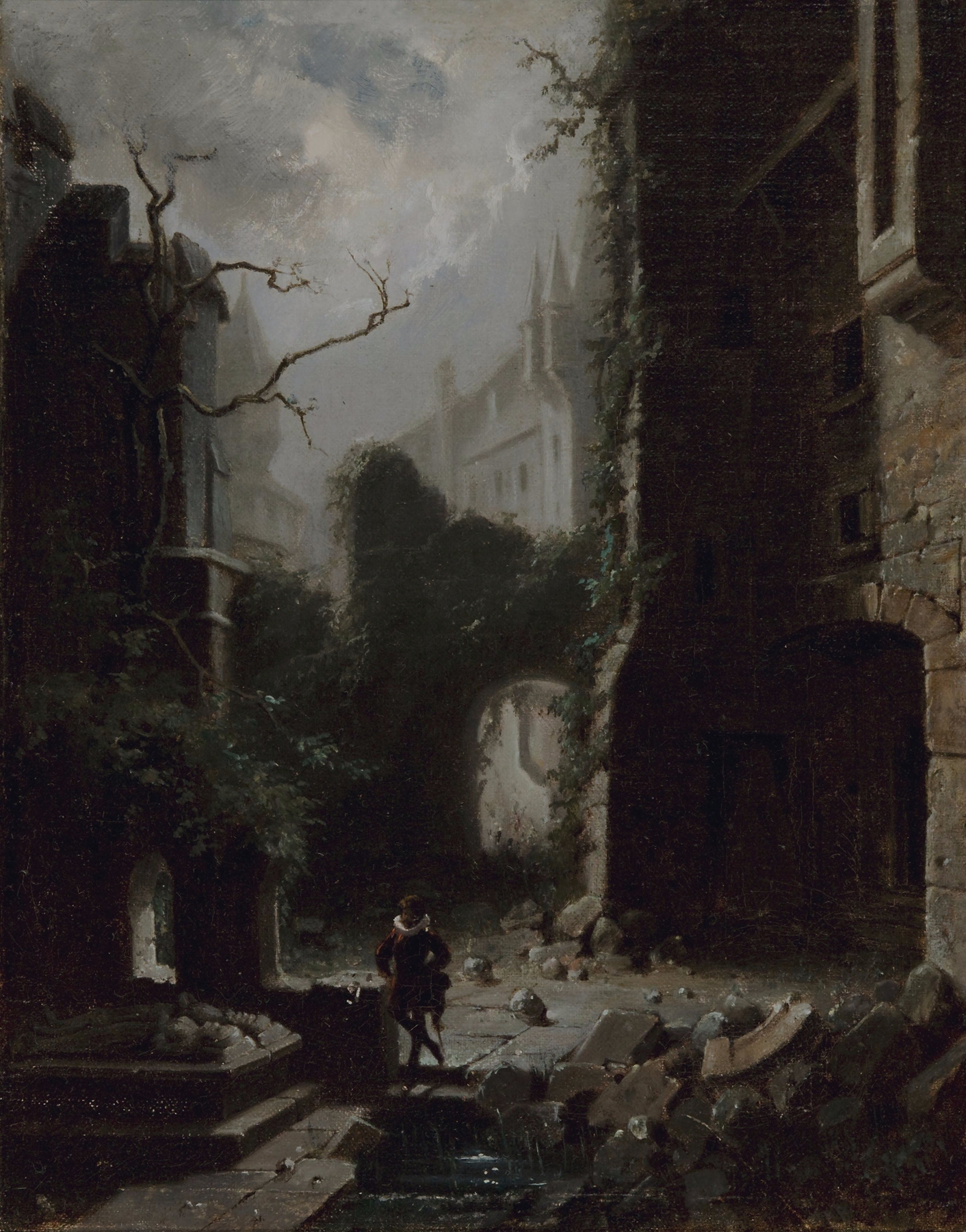 Moonlit Scene with Castle Ruins, by Carl Spitzweg, public domain