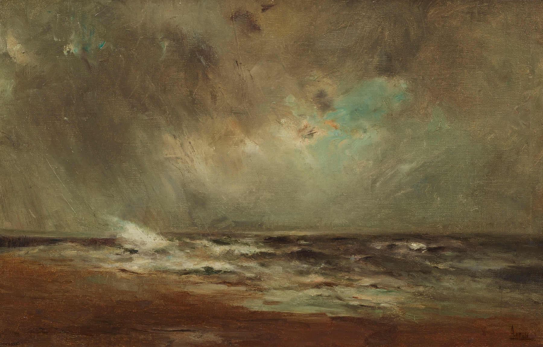 Marine by Louis Artan, oil on canvas depicting swirling ocean waves and light.
