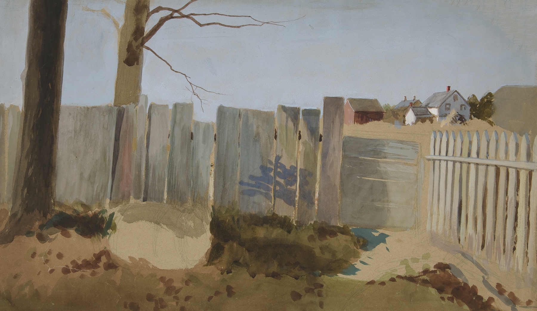 Country scene; fence, field, farmhouse in distance, by Edwin Austin Abbey, public domain