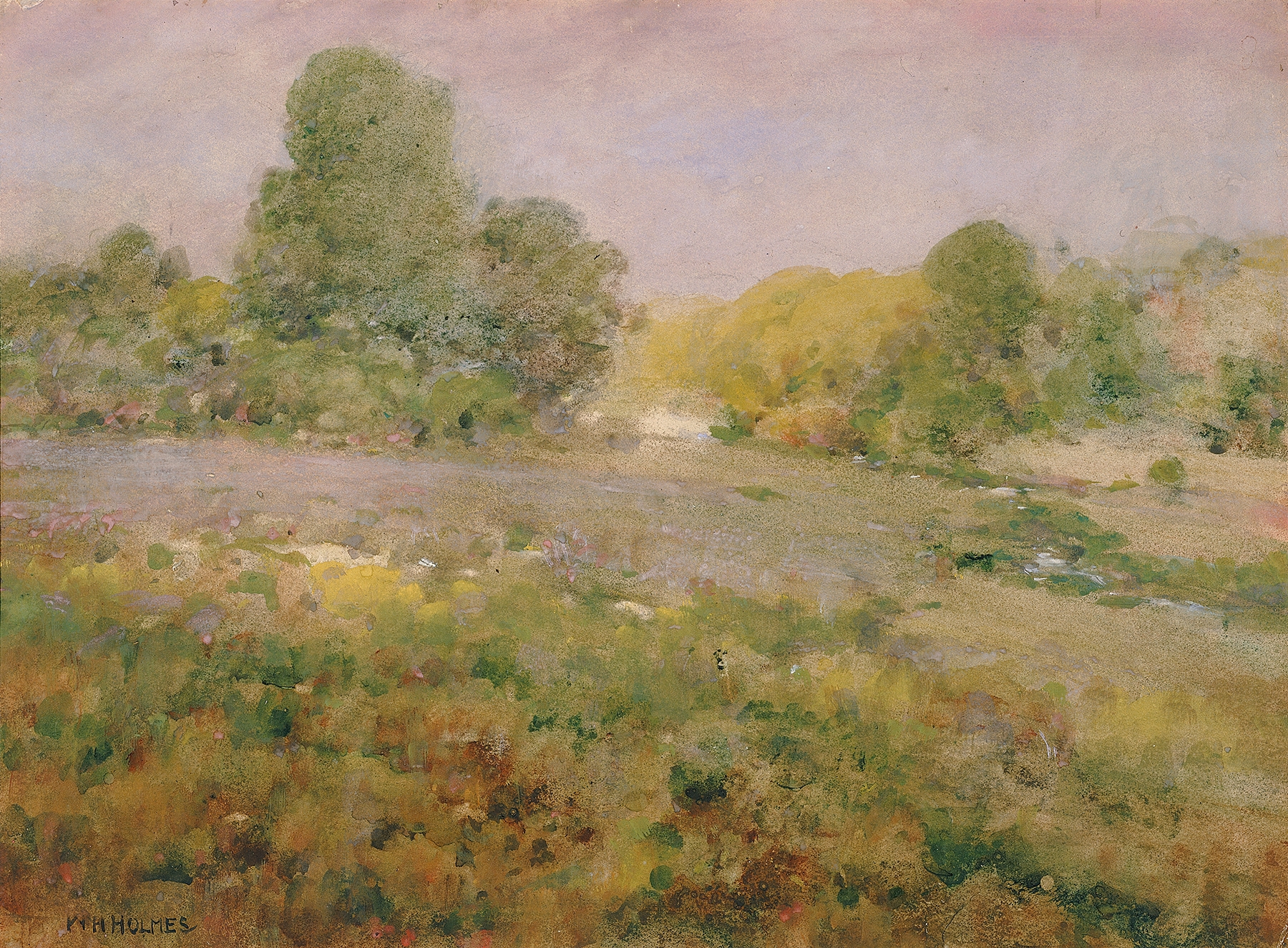 Field of varicolored grasses in late summer by William Henry Holmes, oil painting.