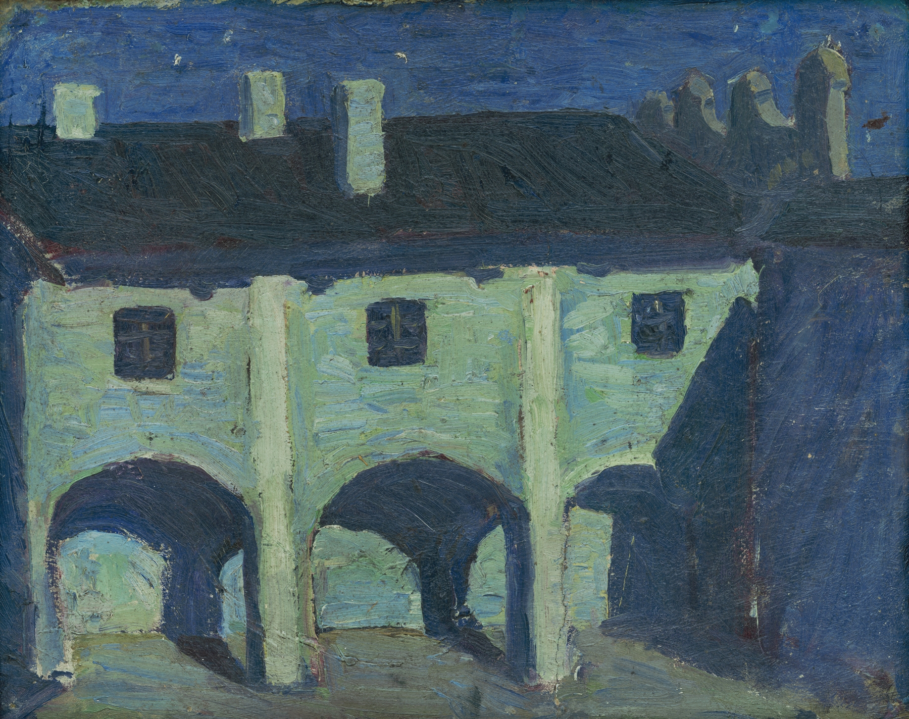 Landscape of a courtyard with sunlight on cobblestones by Frida Konstantin, Impressionism