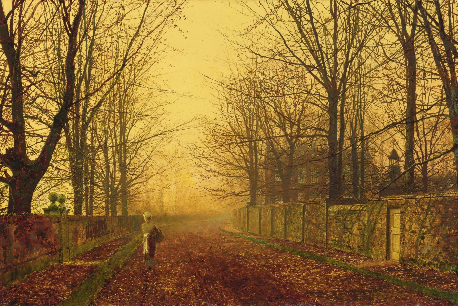 A Golden Idyll by John Atkinson Grimshaw, oil on canvas depicting tranquil water and silhouettes of trees.