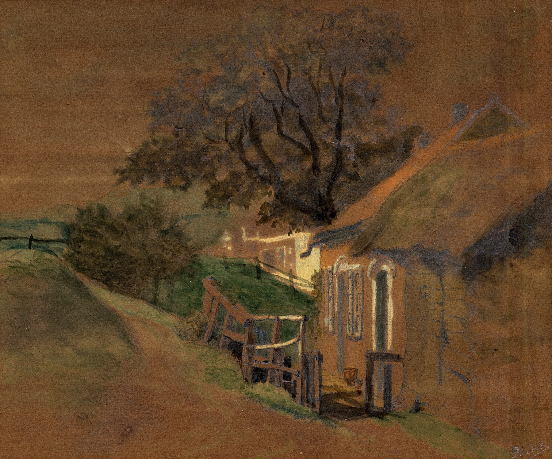 Landelijke woning by Pol De Mont, oil on canvas depicting a farmhouse in a green landscape