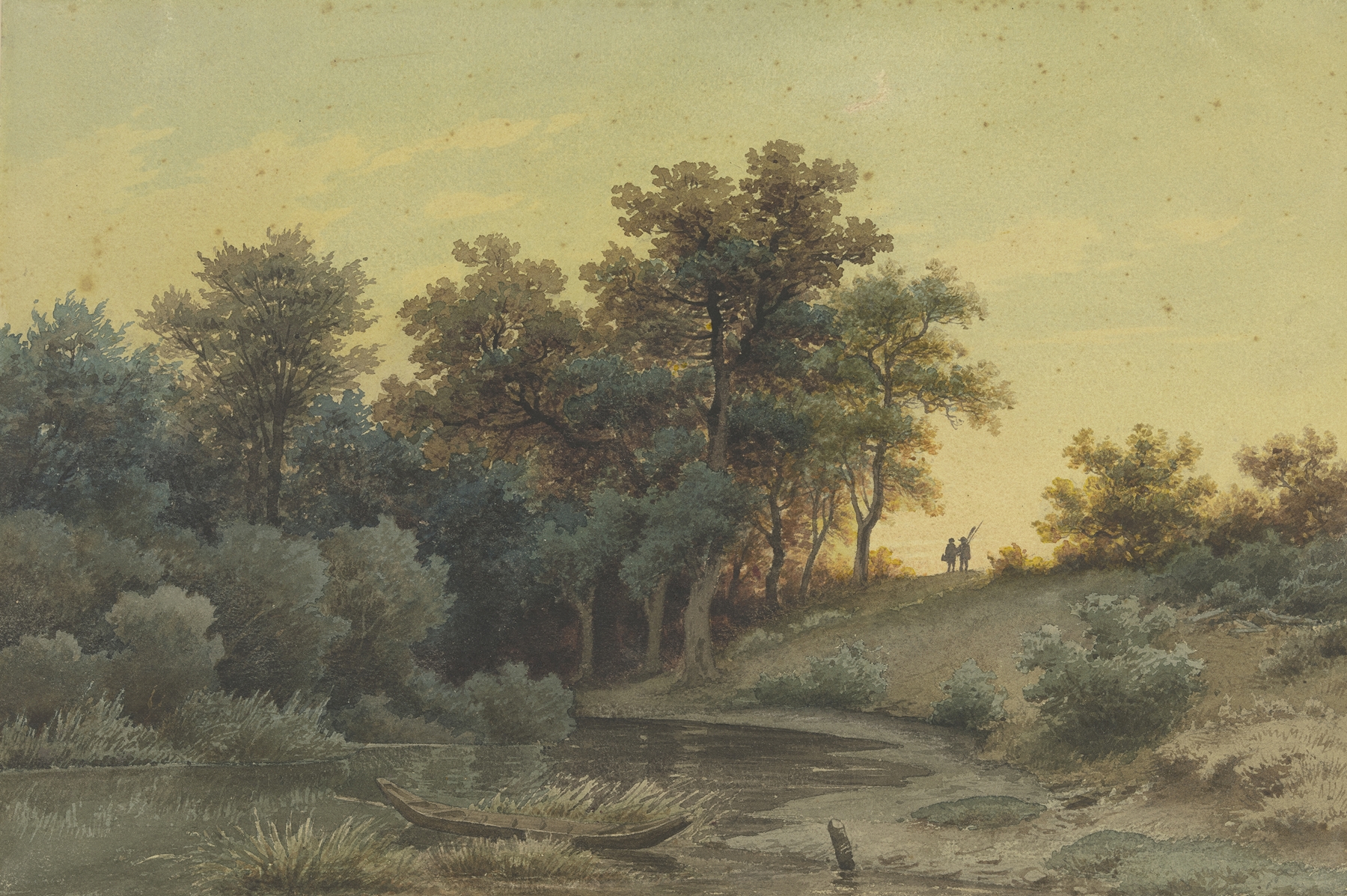 Serene landscape with river at twilight, oil on canvas by Jakob Maurer