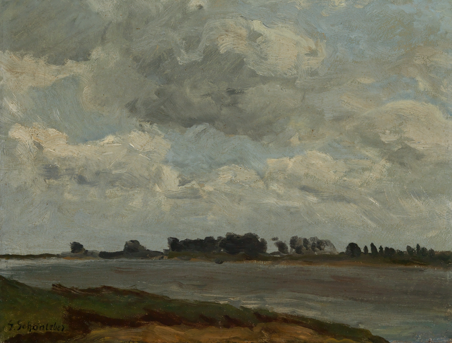 Am Ufer der Waal by Gustav Schönleber, oil painting of a serene river landscape.