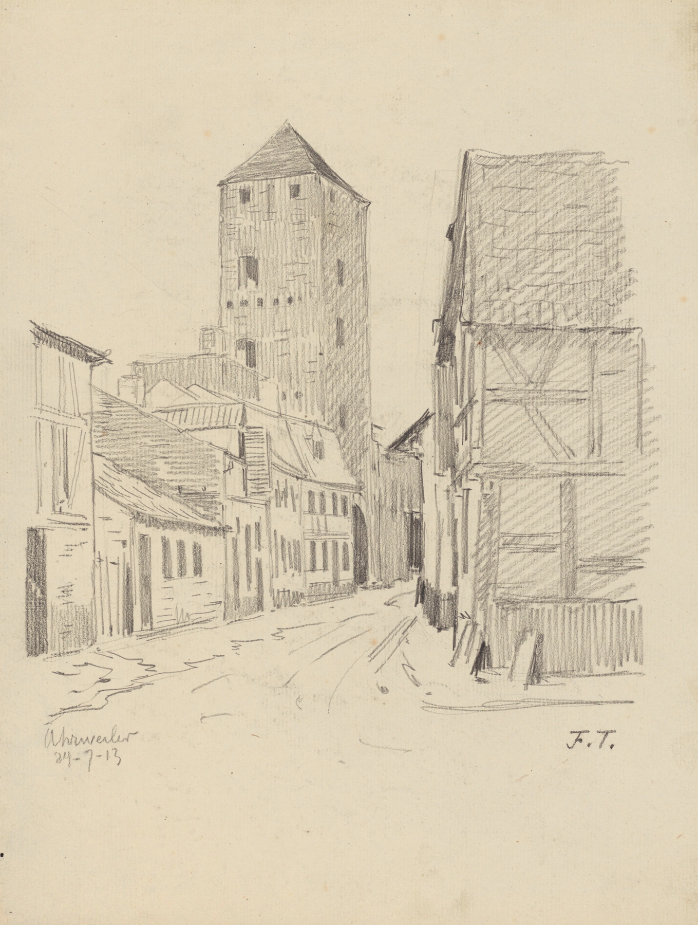 Ruelle et tour carrée à Ahrweiler, oil on canvas by Jean-François Taelemans, depicting a serene village alley.
