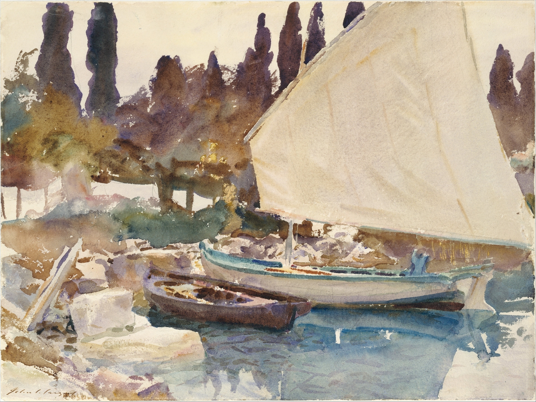 Boats on water at evening light, oil painting by John Singer Sargent