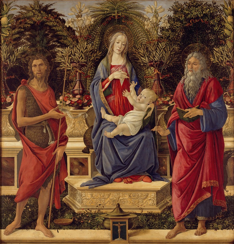 Sandro Botticelli's Madonna and Child with both Saints John depicts a serene moment in religious art.