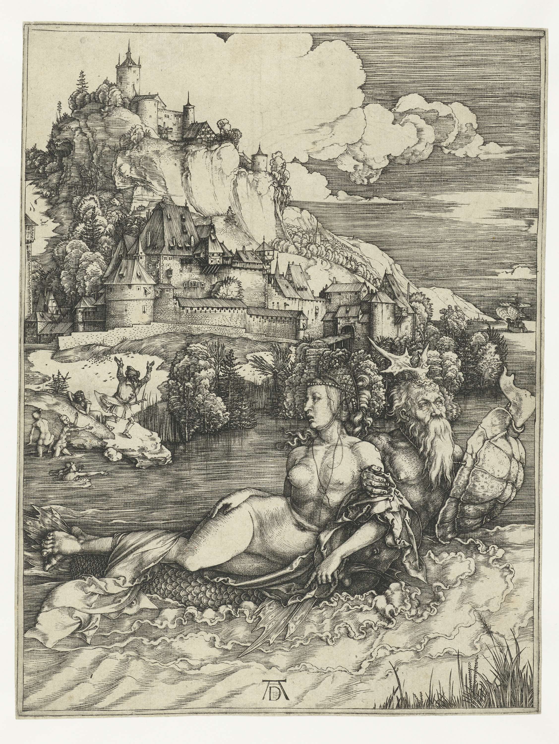 Engraving by Albrecht Dürer depicting a sea monster and figures in a dramatic scene