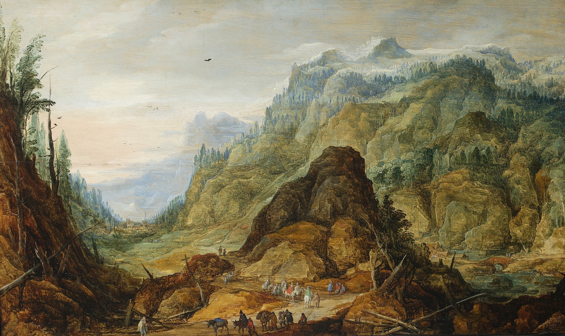 Mountain landscape with a caravan, by Joos de Momper, public domain