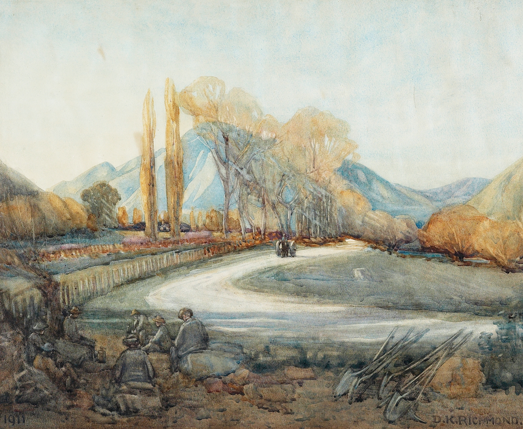 Two figures resting in an oil painting by Dorothy Richmond
