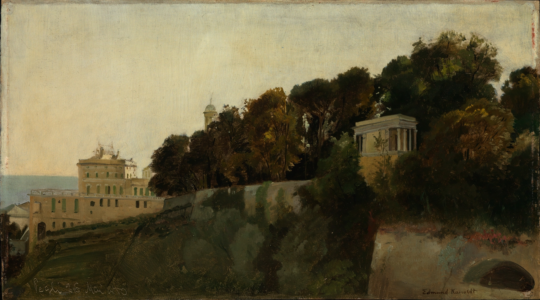 Oil painting by Edmund Kanoldt depicting a villa at sunset with warm golden light.