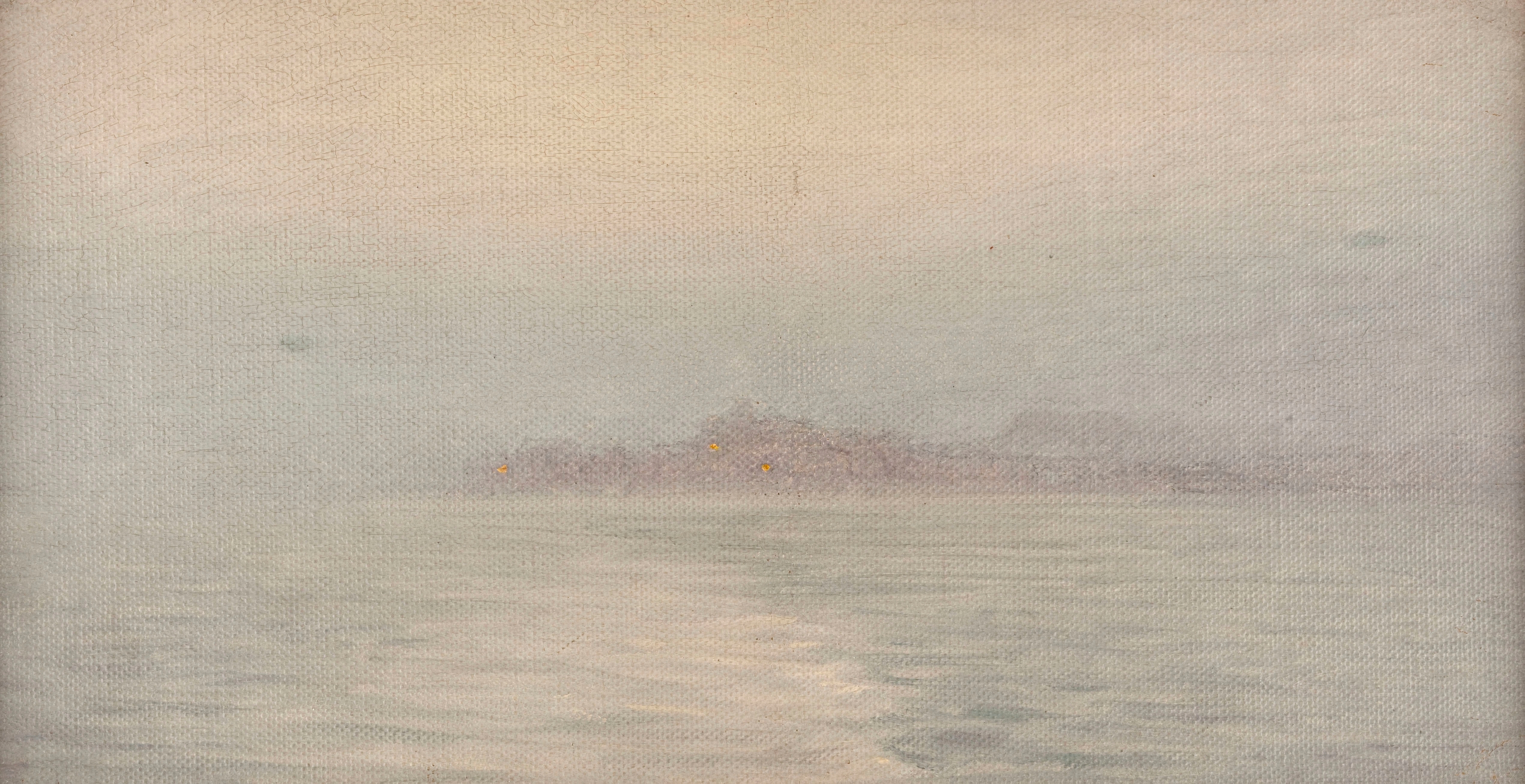 Oil on canvas by Henry Brokman depicting a misty sea with waves and soft light.