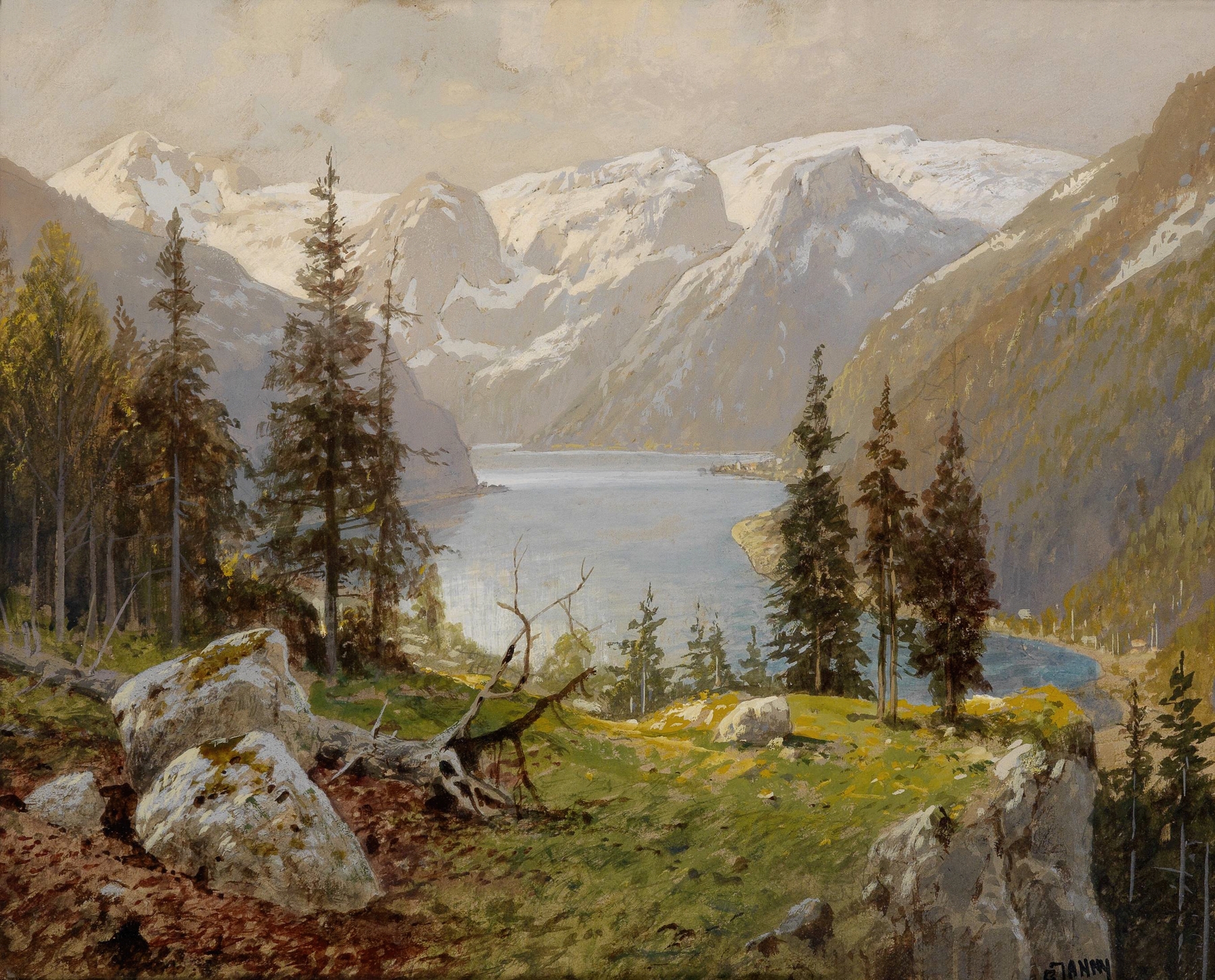 Landscape of Hallstädter See by Georg Janny, oil on canvas