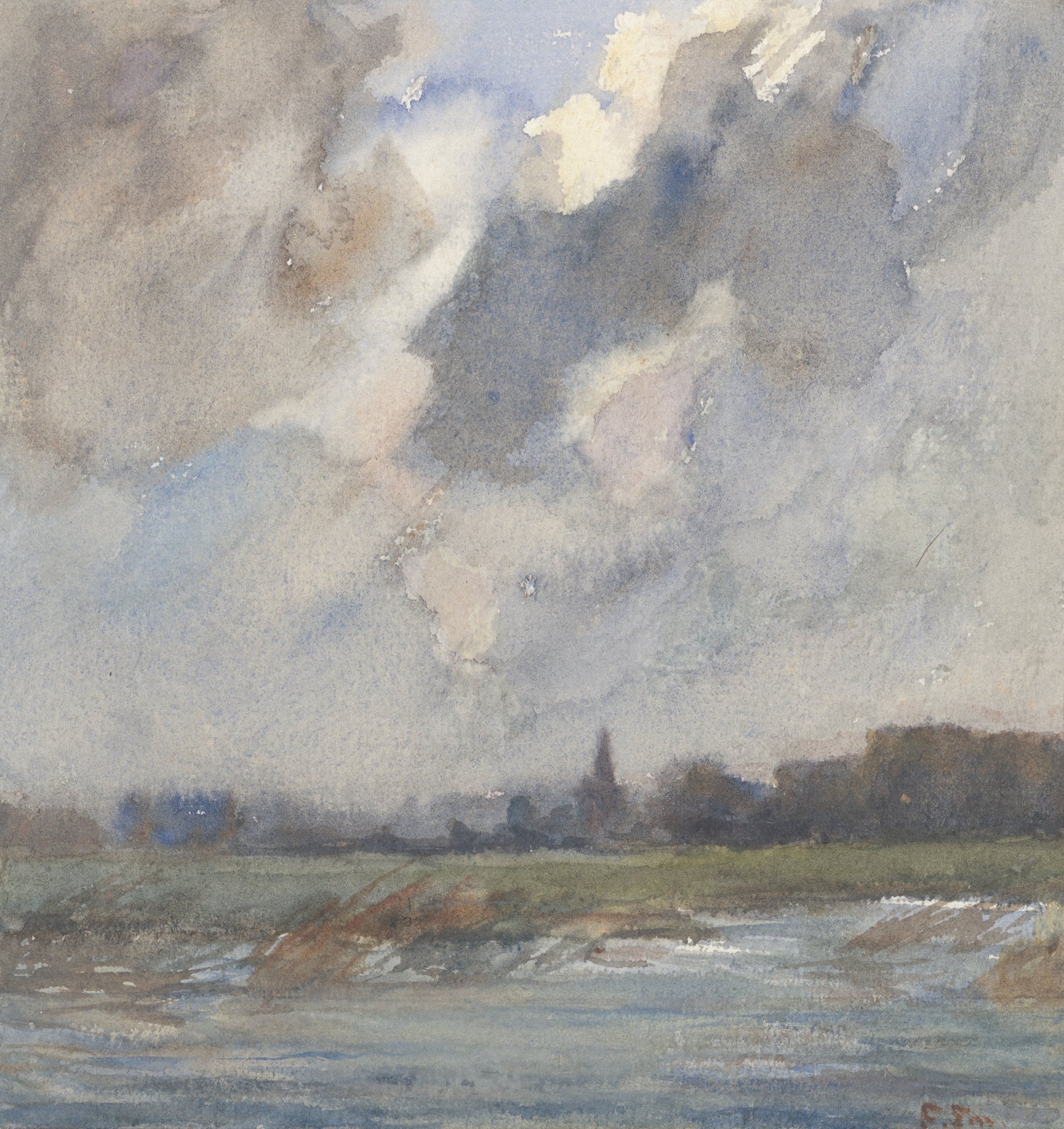 Rivierlandschap met kerktoren, bij storm, by Frans Smissaert, public domain