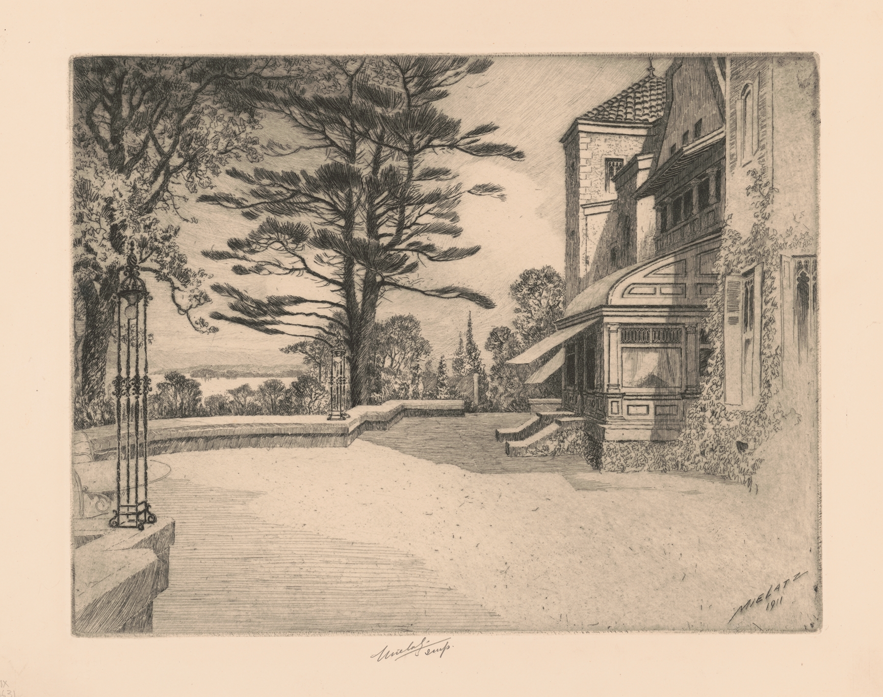 Etching by Charles Frederick William Mielatz depicting Rockwood Tarrytown estate on the Hudson