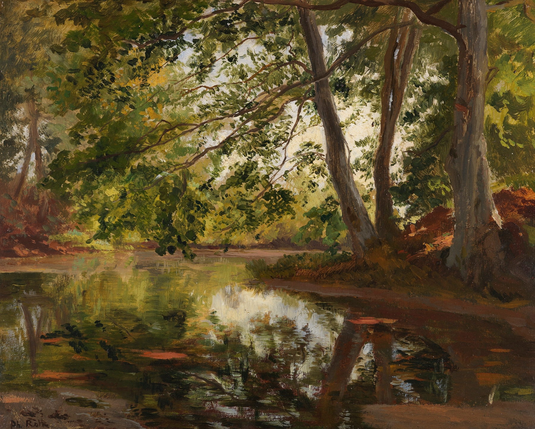 Landscape of a serene lake with grasses, oil painting by Philipp Röth