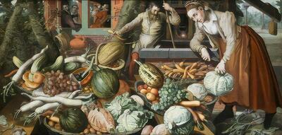 Still life oil painting by Pieter Aertsen featuring a lavish spread of food on a table