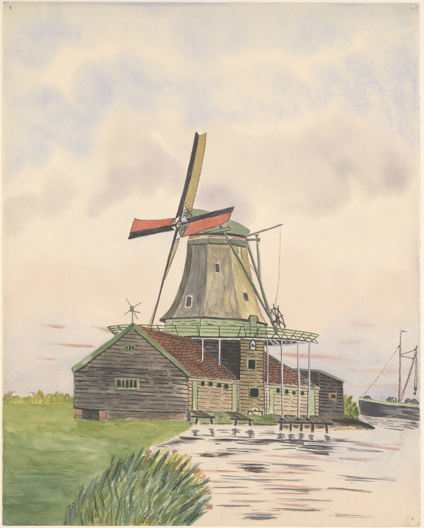Landscape featuring a windmill under a muted sky, oil painting by Johannes Nicolaas Eijman