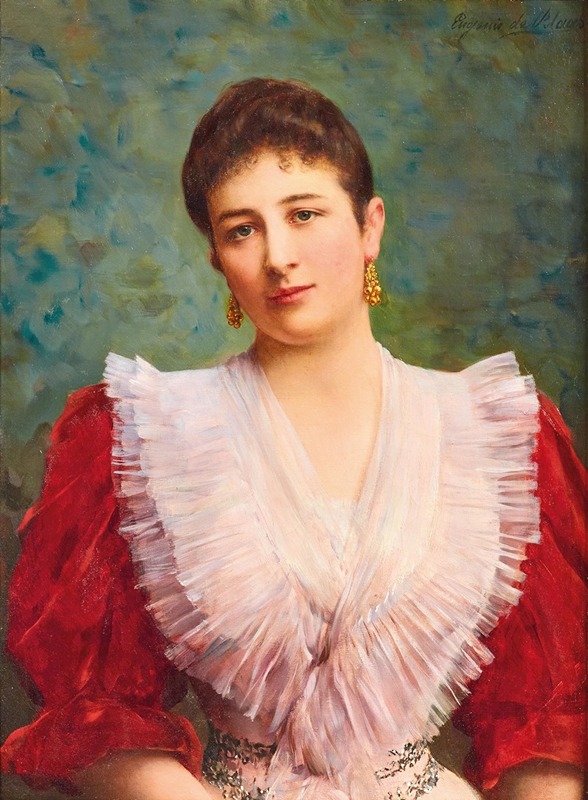 Portrait of Olga Sardegna Daverio by Eugen von Blaas showcases a woman in elegant attire.