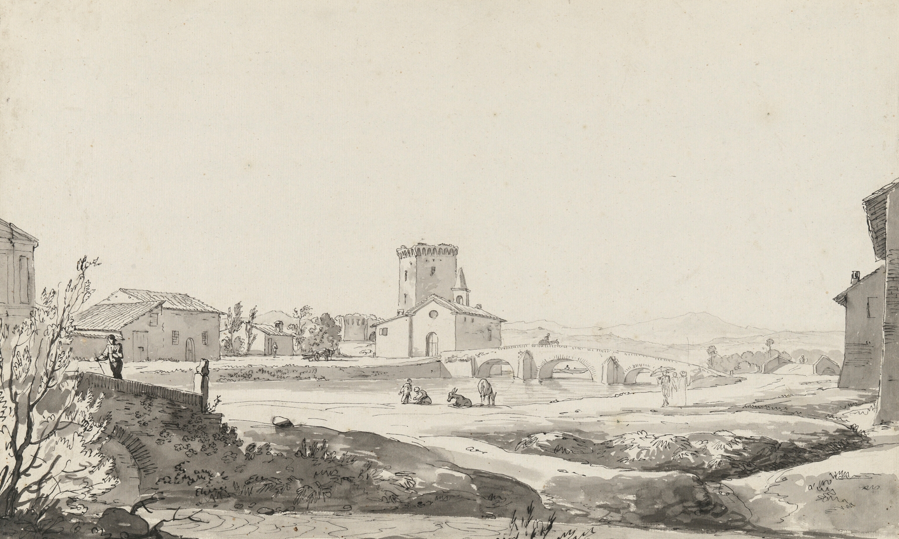 Oil painting by Carlo Labruzzi depicting a village by a river with a bridge and church.