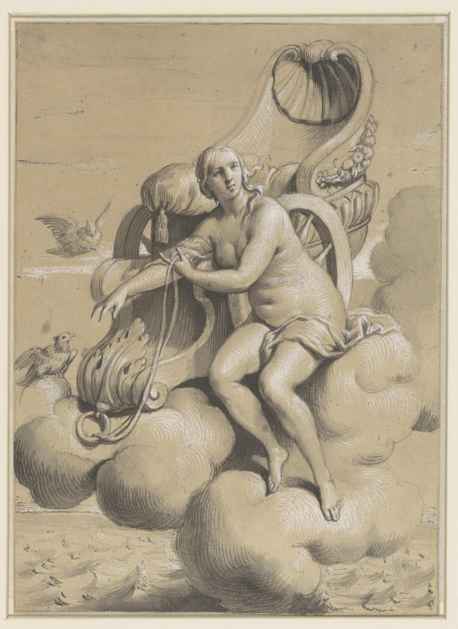 Venus naast haar wagen op de wolken gezeten, oil painting by François Verdier, depicting Venus reclining among clouds.