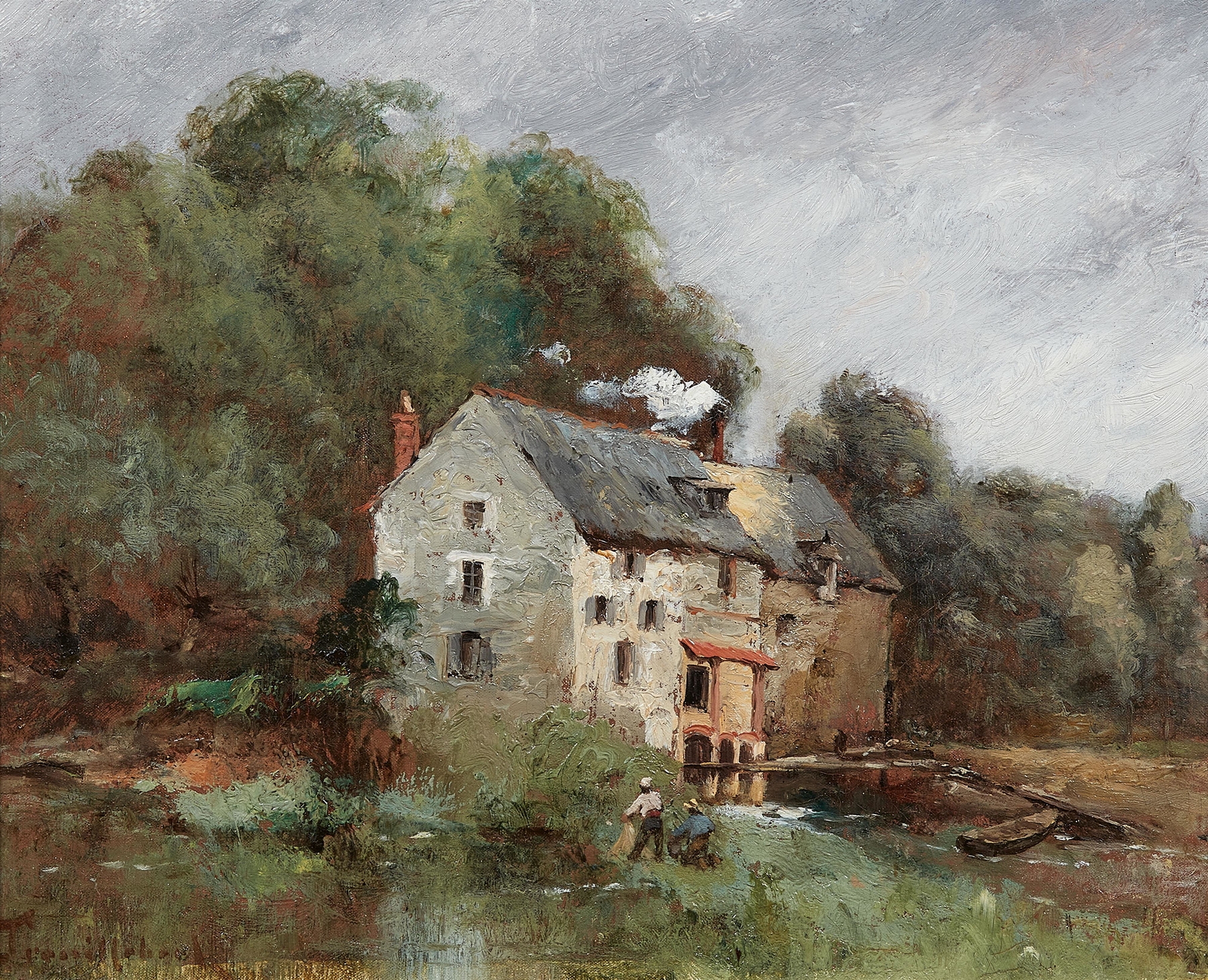Landscape with sunlight filtering through trees by Paul Désiré Trouillebert, oil painting