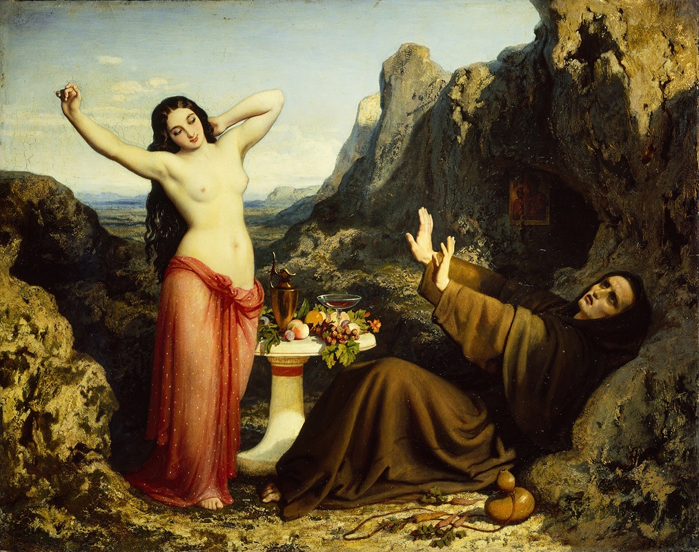 A painting depicting the temptation of Saint Hilarion by Dominique Louis Papety.