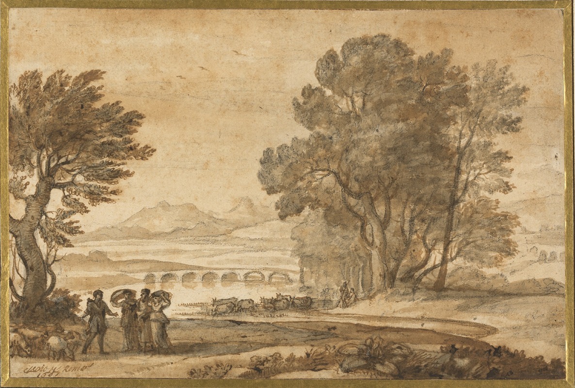A serene landscape painting depicting a river scene with biblical figures.
