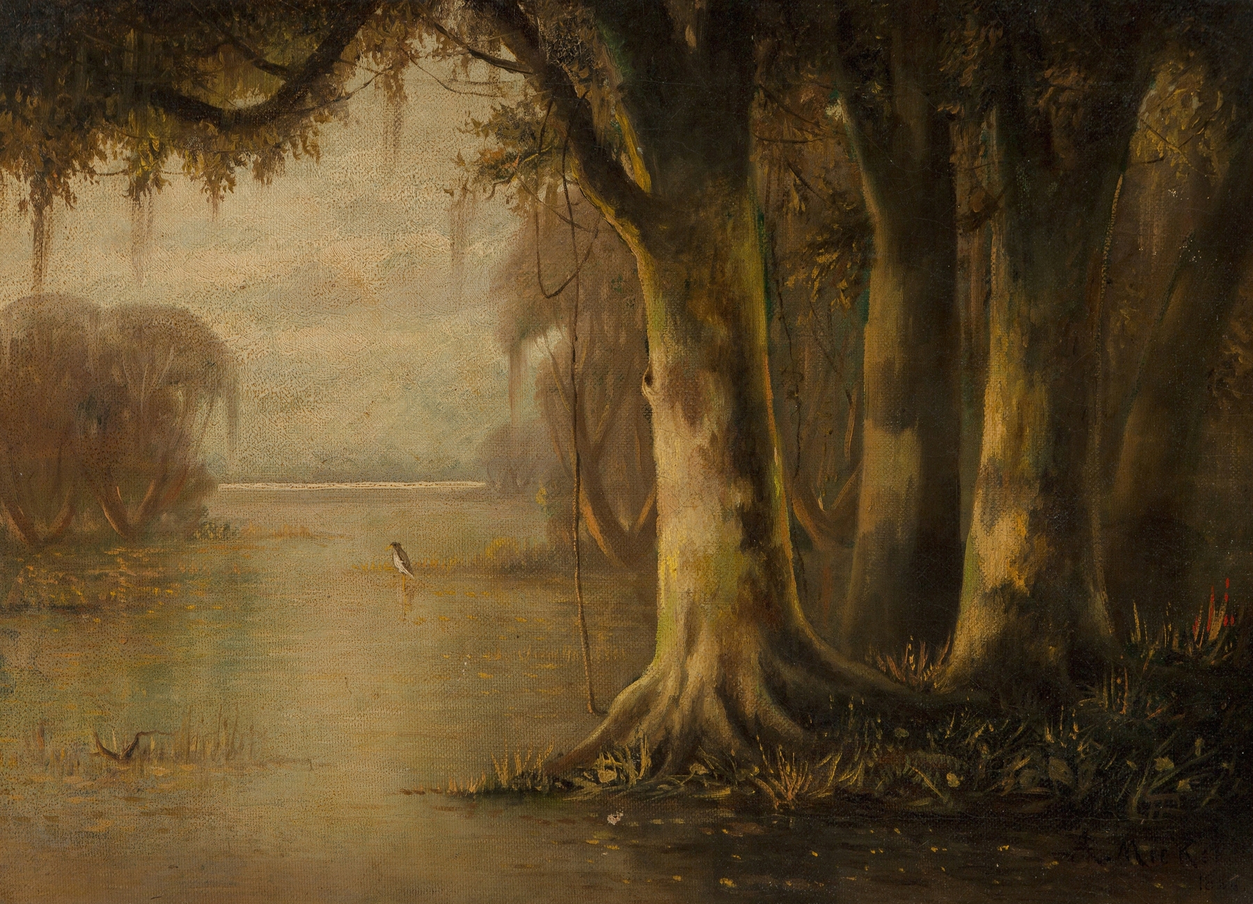Near the Tombigbee River, oil on canvas by Joseph Rusling Meeker, depicting a tranquil river landscape.