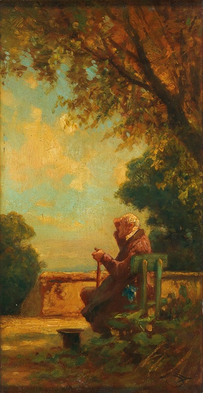 A painting of an old man sitting on a bench, reflecting the everyday life of the 19th century.