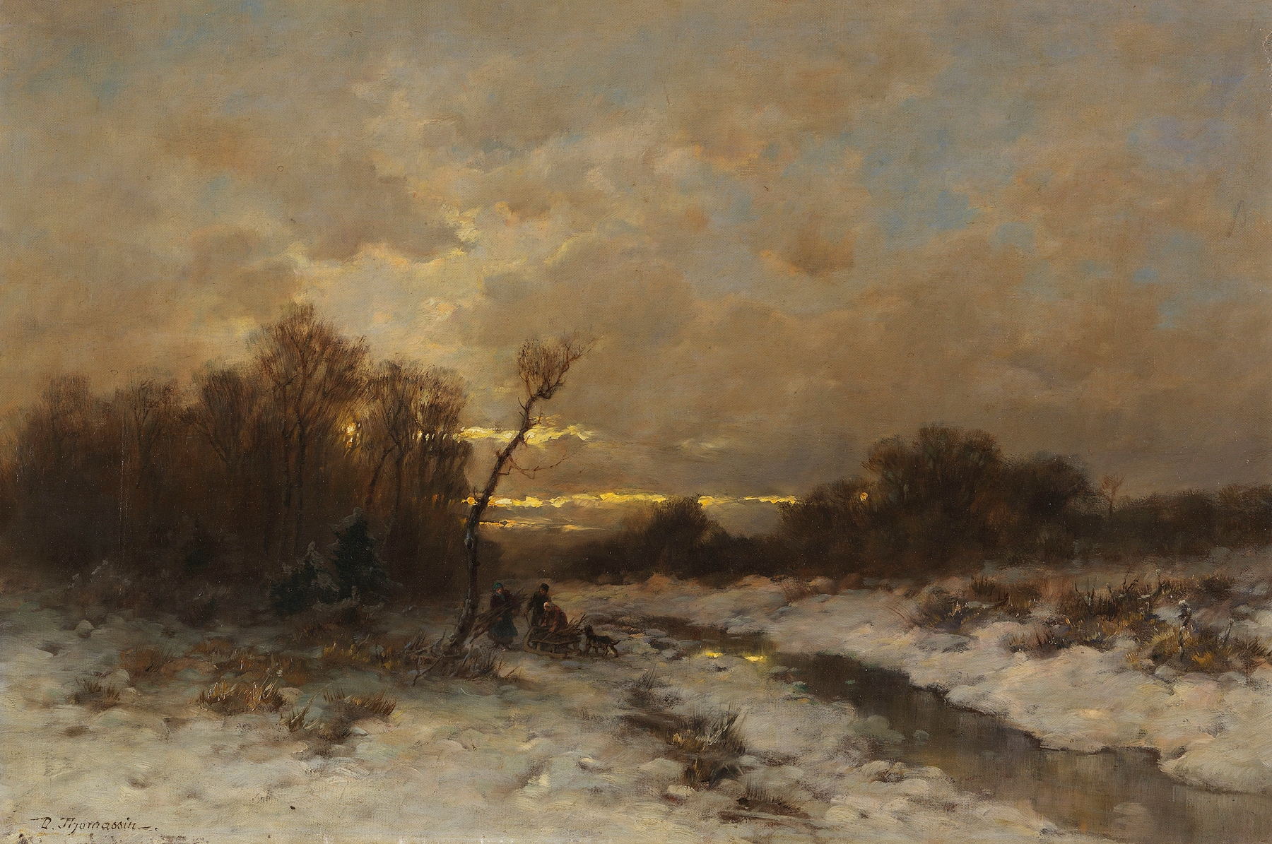 Winter landscape with figures gathering kindling, oil painting by Désiré Thomassin