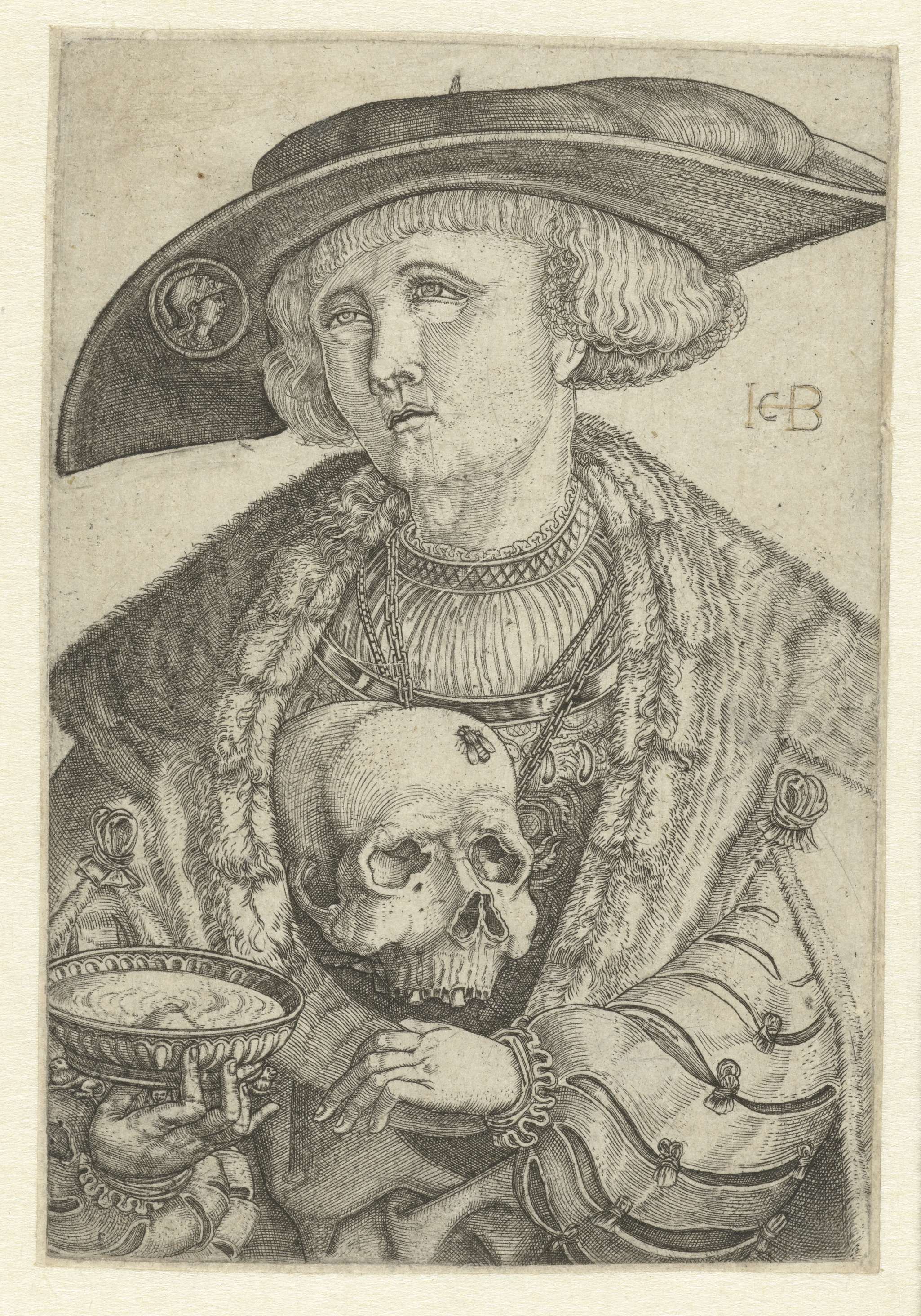 Self-portrait with a skull and bowl, engraving by Jacob Binck