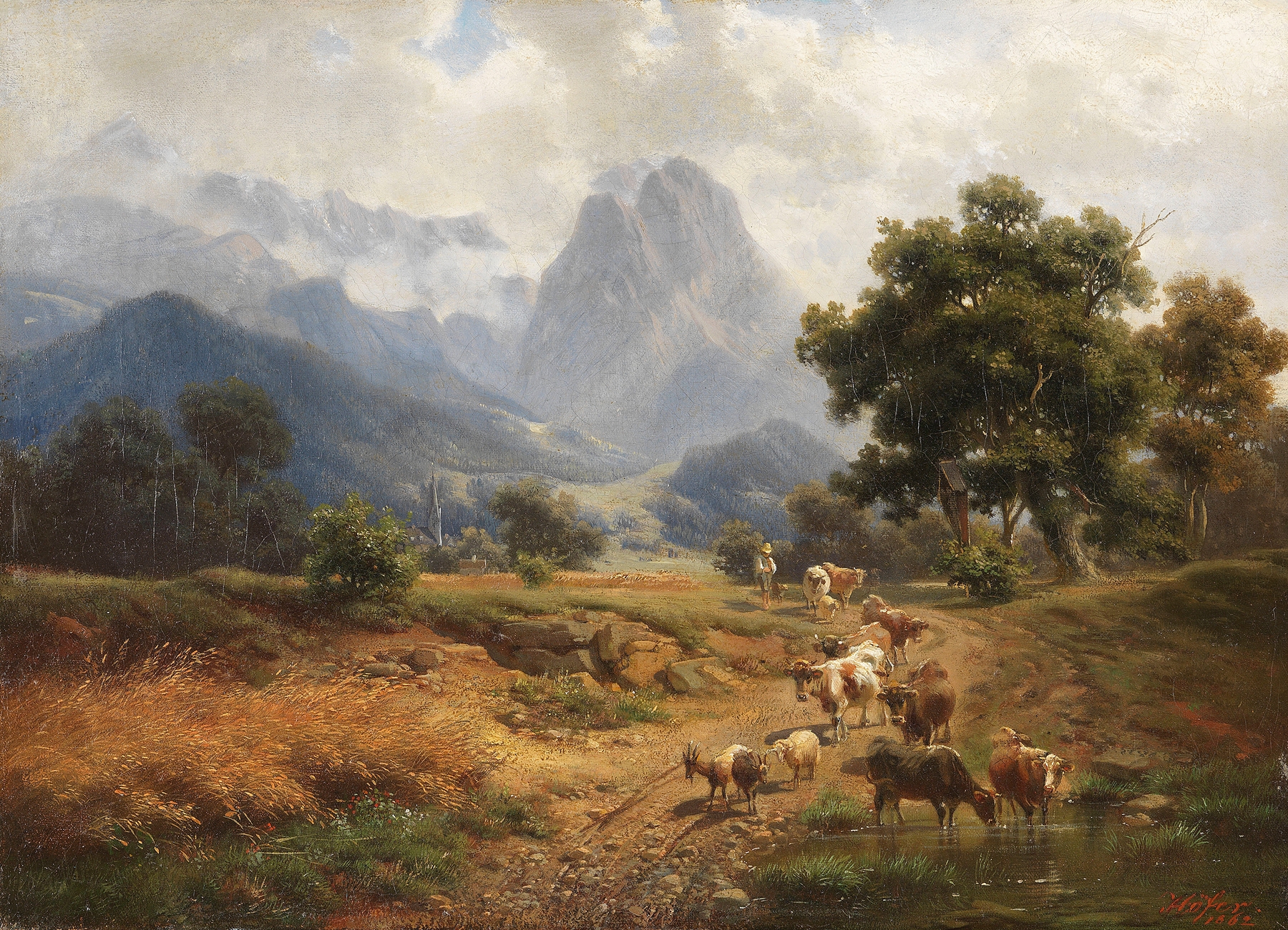 Hirtenjunge mit Vieh bei Partenkirchen, oil on canvas by Heinrich Höfer