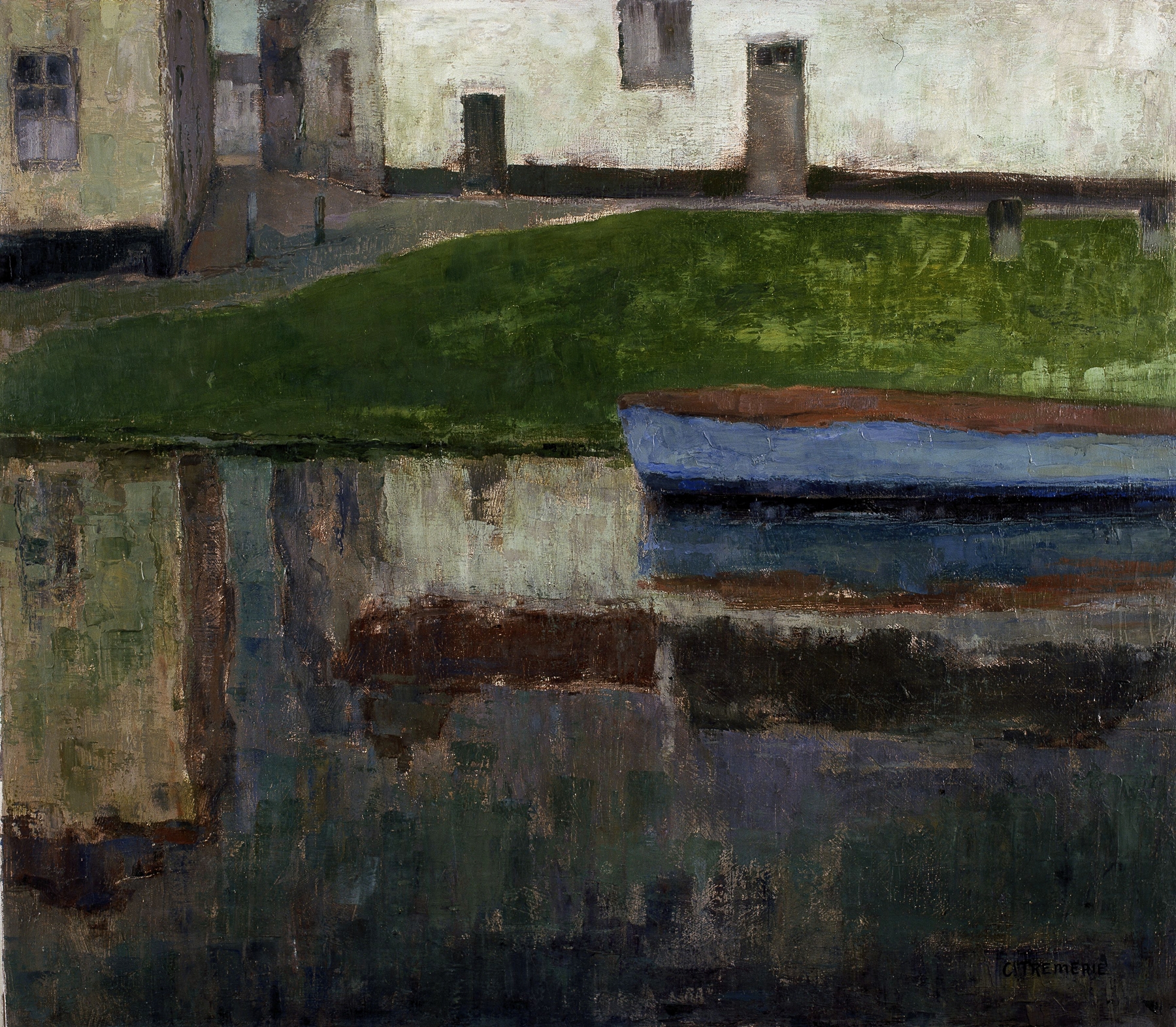 Blue Barge on the River Scheldt, oil on canvas by Carolus Tremerie