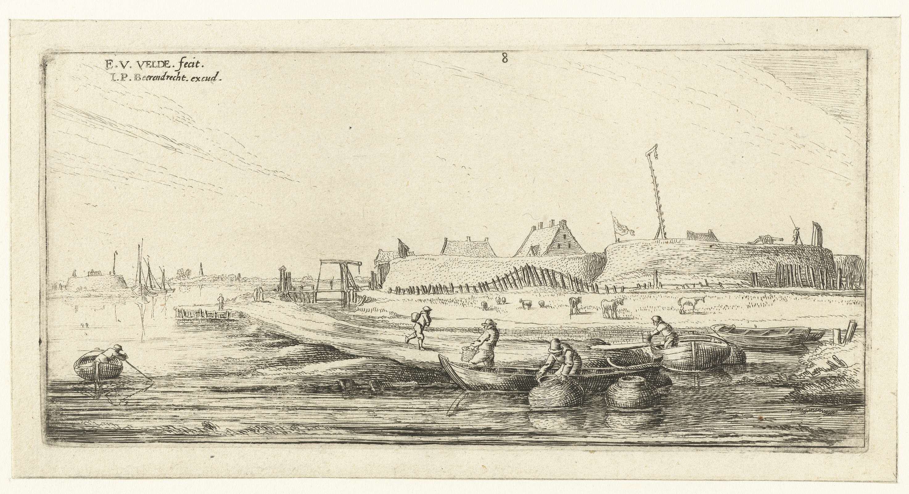 Roeiboten met vissers voor een fort aan de Schelde, etching by Esaias van de Velde