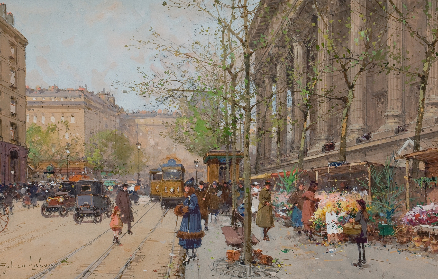 Oil on canvas by Eugène Galien-Laloue depicting a flower market scene