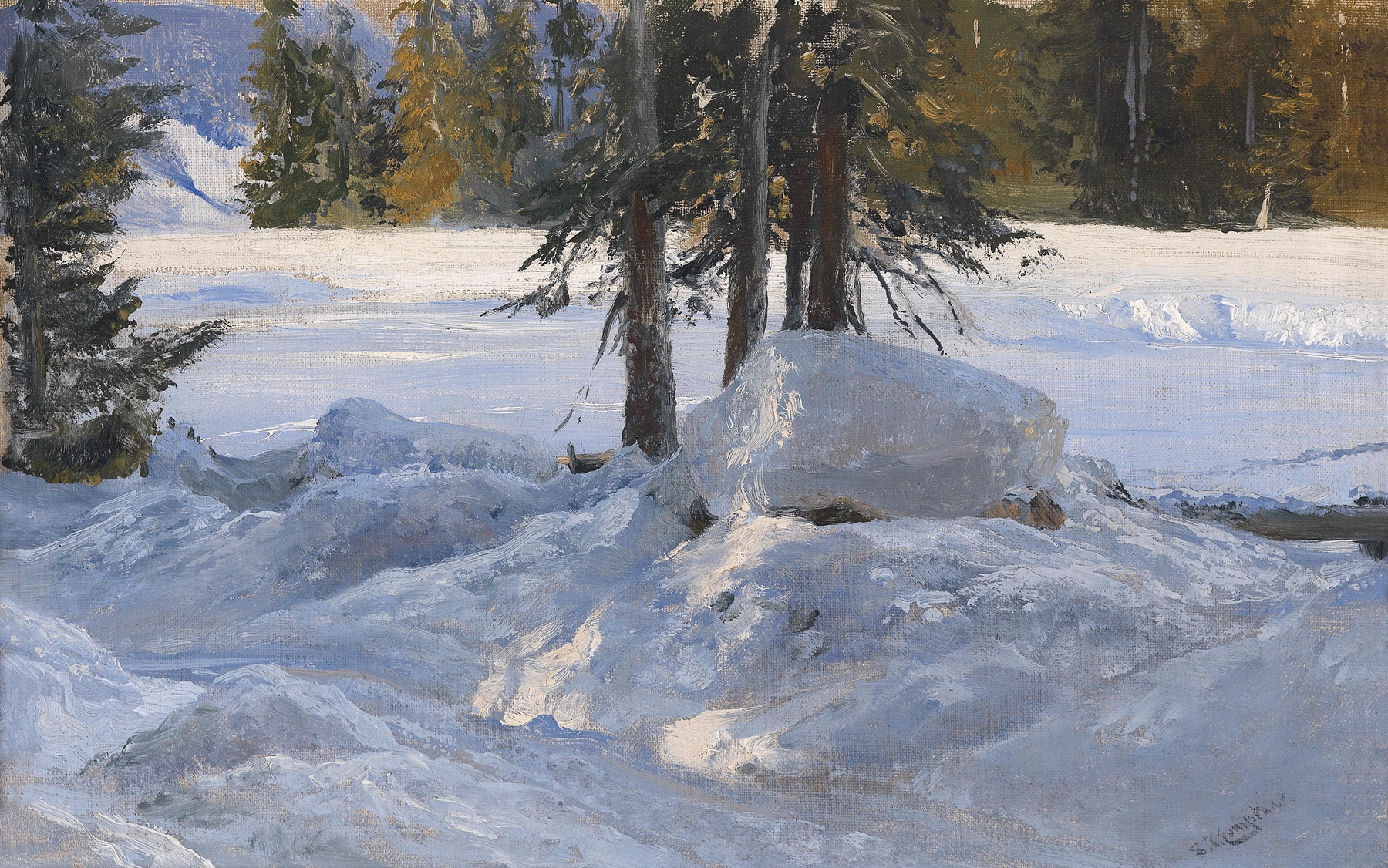 Wintersonne by Edward Theodore Compton, oil on canvas depicting a snow-covered landscape with sunlight.
