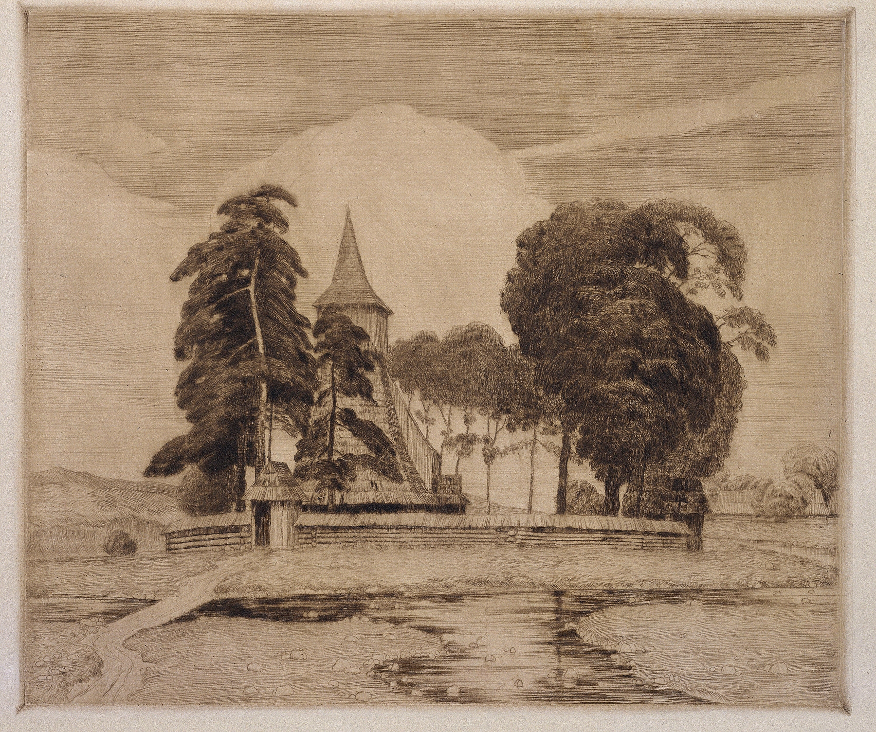 Kościół w Dębnie, watercolor on paper by Władysław Skoczylas