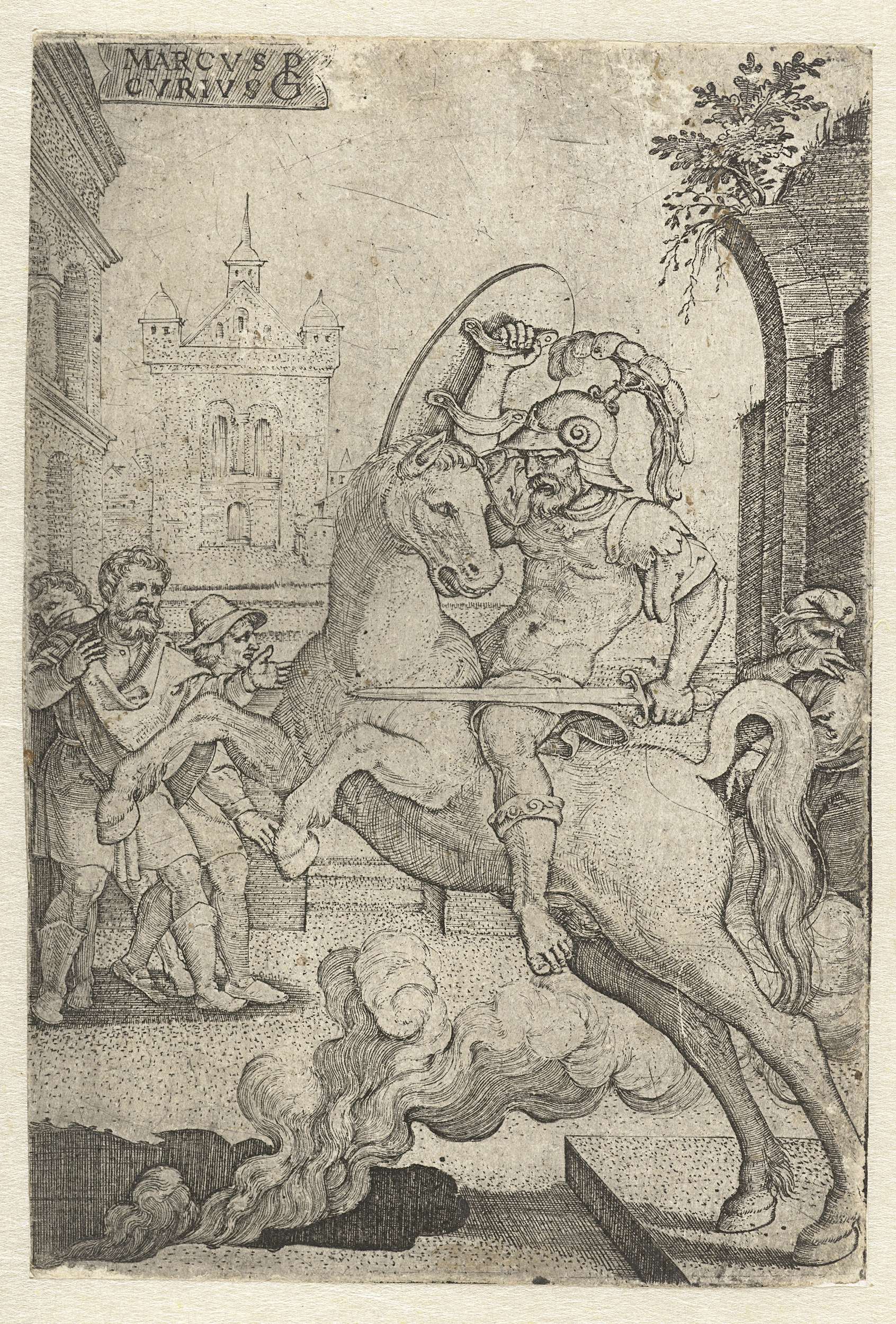 Engraving by Georg Pencz depicting Marcus Curtius at a chasm