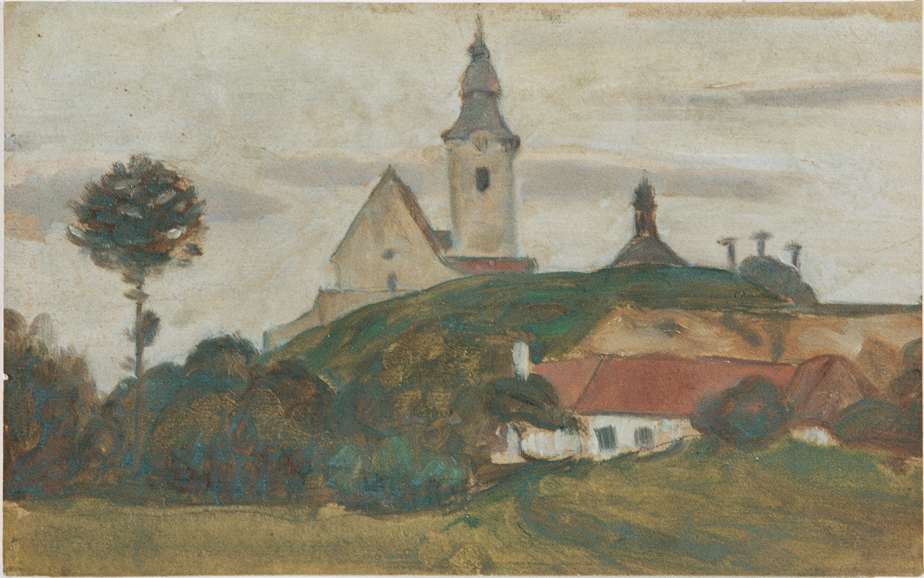 Landschaft mit Kirche und Dorf, by Walther Gamerith, public domain